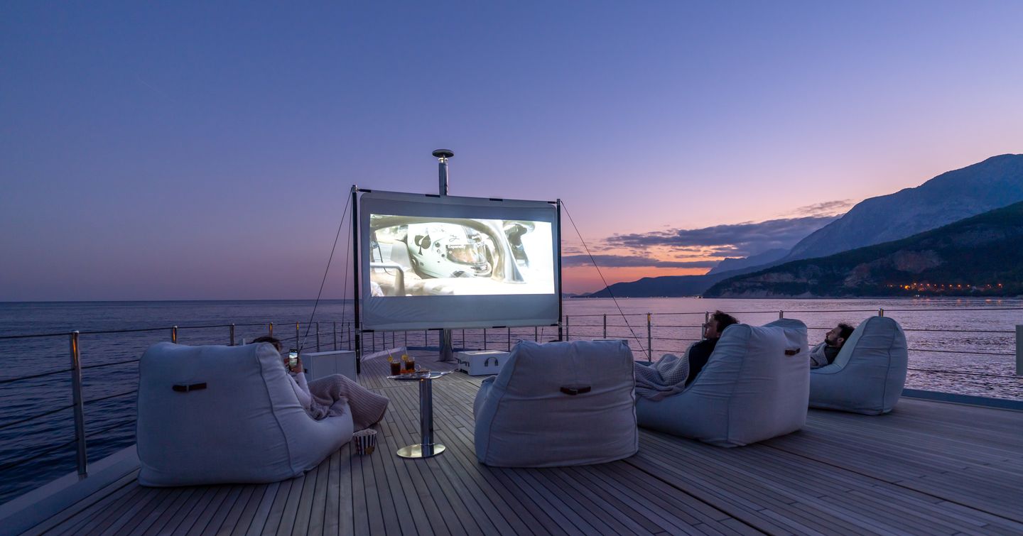 Bilgin 263 Superyacht Al Reem outdoor cinema on foredeck with plush seating