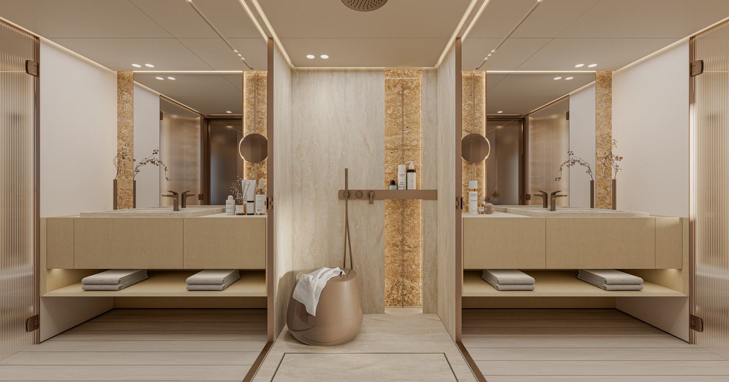 Rendering of Extra Yachts X130 Triplex motor yacht master cabin ensuite 