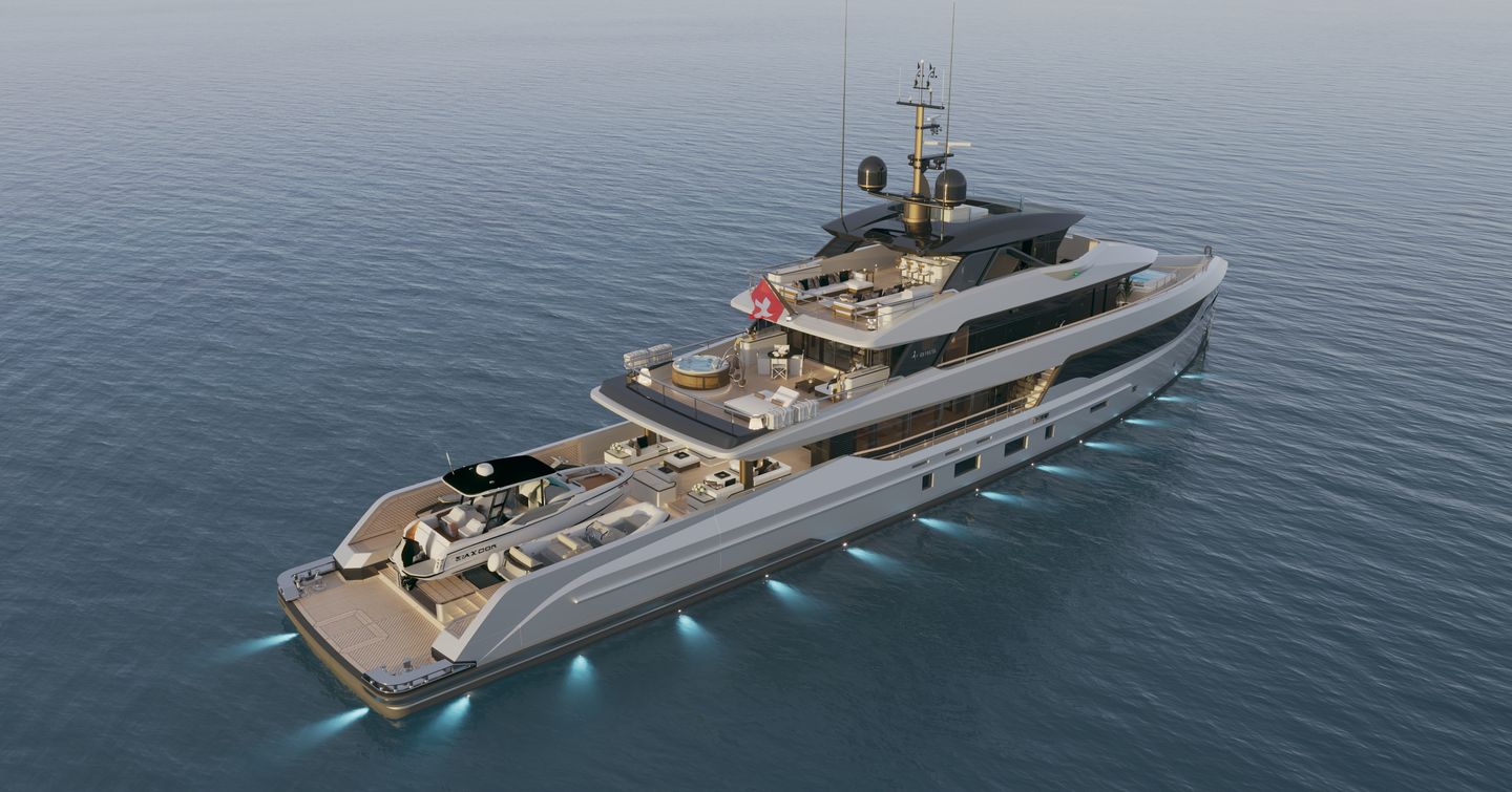 Rendering of Bering 165 Explorer Yacht at anchor with underwater blue LEDs