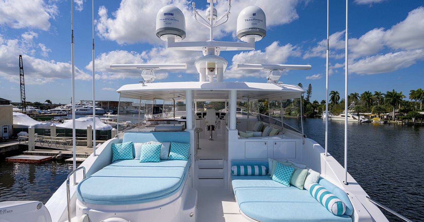 Superyacht Tireless' flybridge with sunpads