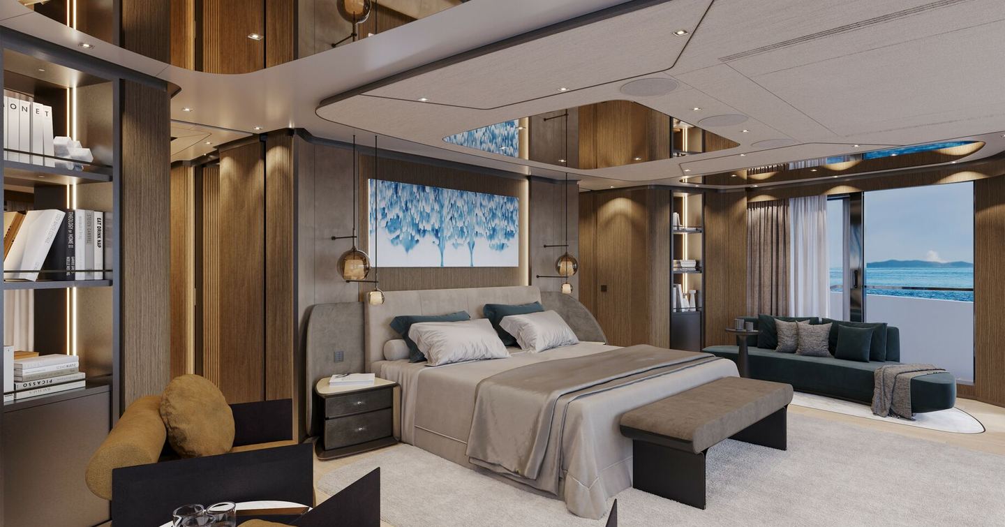 Rendering of Sanlorenzo 75Steel Superyacht Silver Fox master cabin 