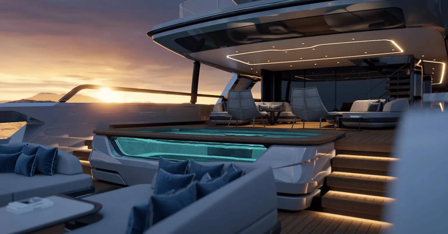 Rendering of the first Baglietto T54 superyacht aft deck with infinity pool and white seating