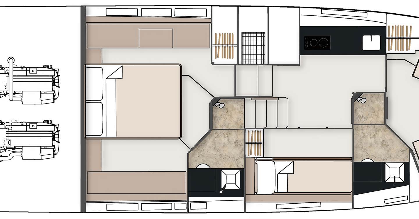 GA of the Squadron 50 showing master suite, galley and single berth 