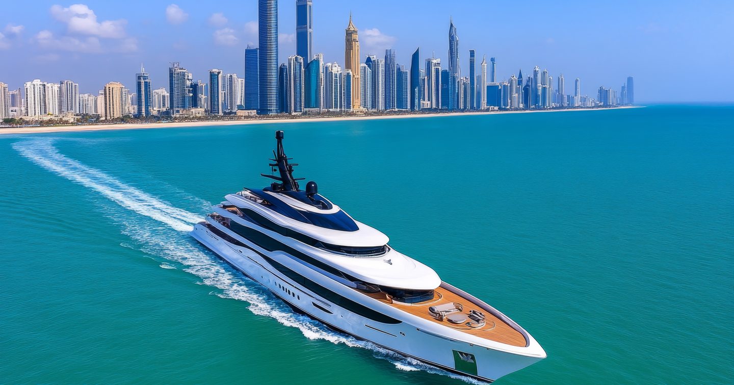 Illustration of large superyacht cruising of Abu Dhabi