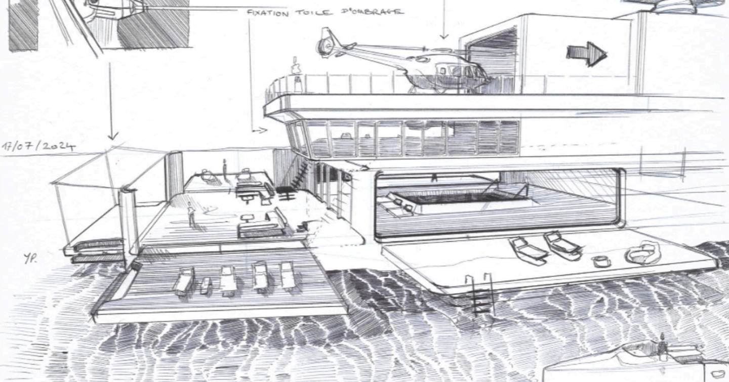 Sketch of expedition yacht Project MG stern with helicopter, fold out balconies and beach club 