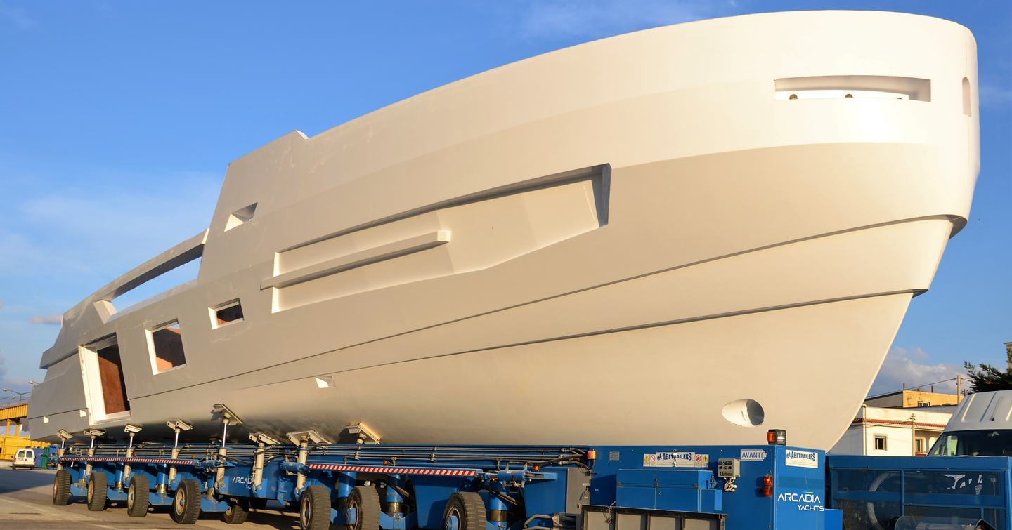 The hull of an Arcadia Sherpa XL superyacht