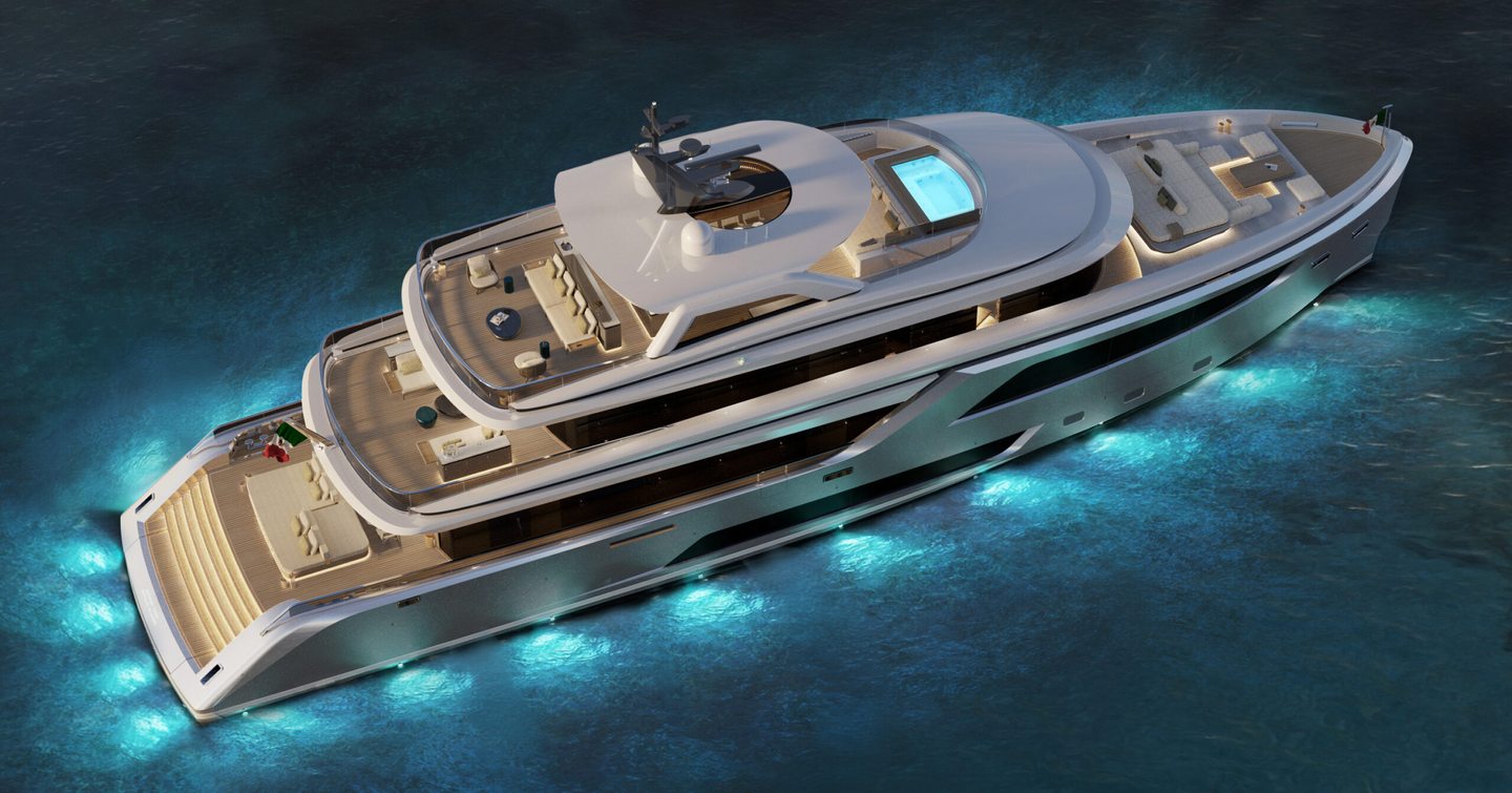 Rendering of First Admiral A-40 Yacht at anchor with underwater LED lighting