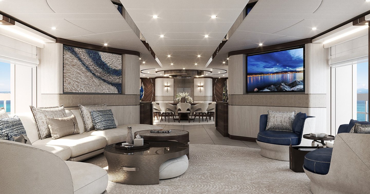 Heesen superyacht Project Sophia main saloon lounge and dining area 