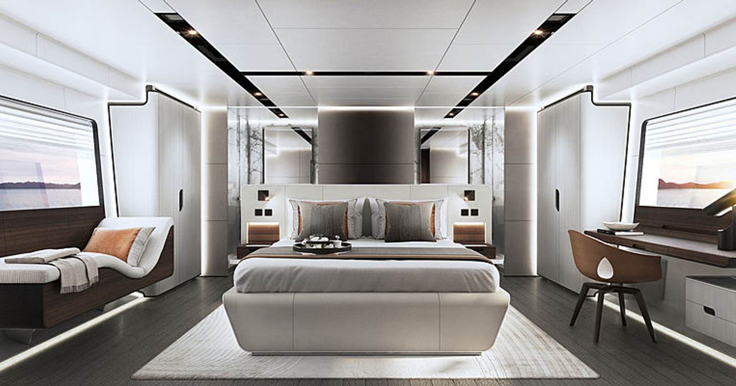 modern master suite with double bed, window seat, desk and storage on board Astondoa AS8 yacht