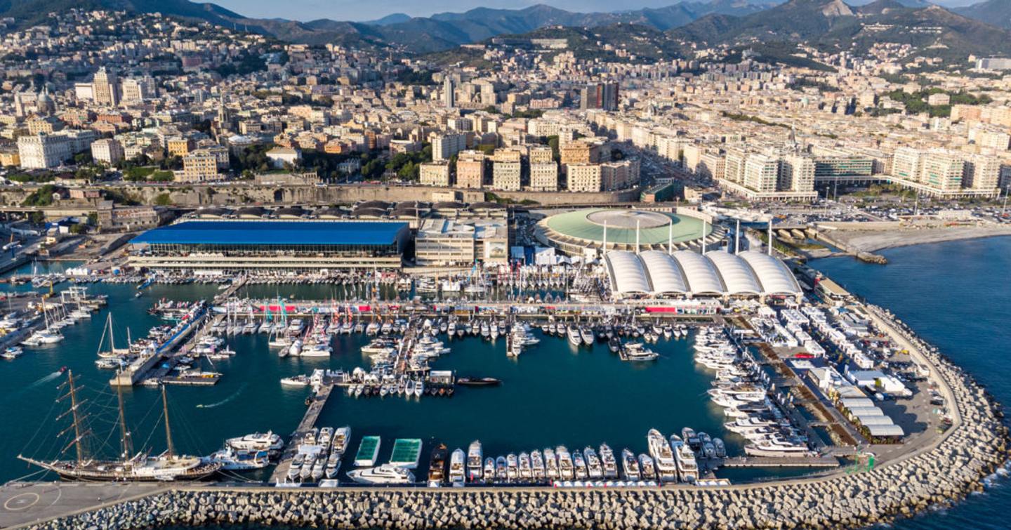 Aerial view of marina hosting Genoa boat show