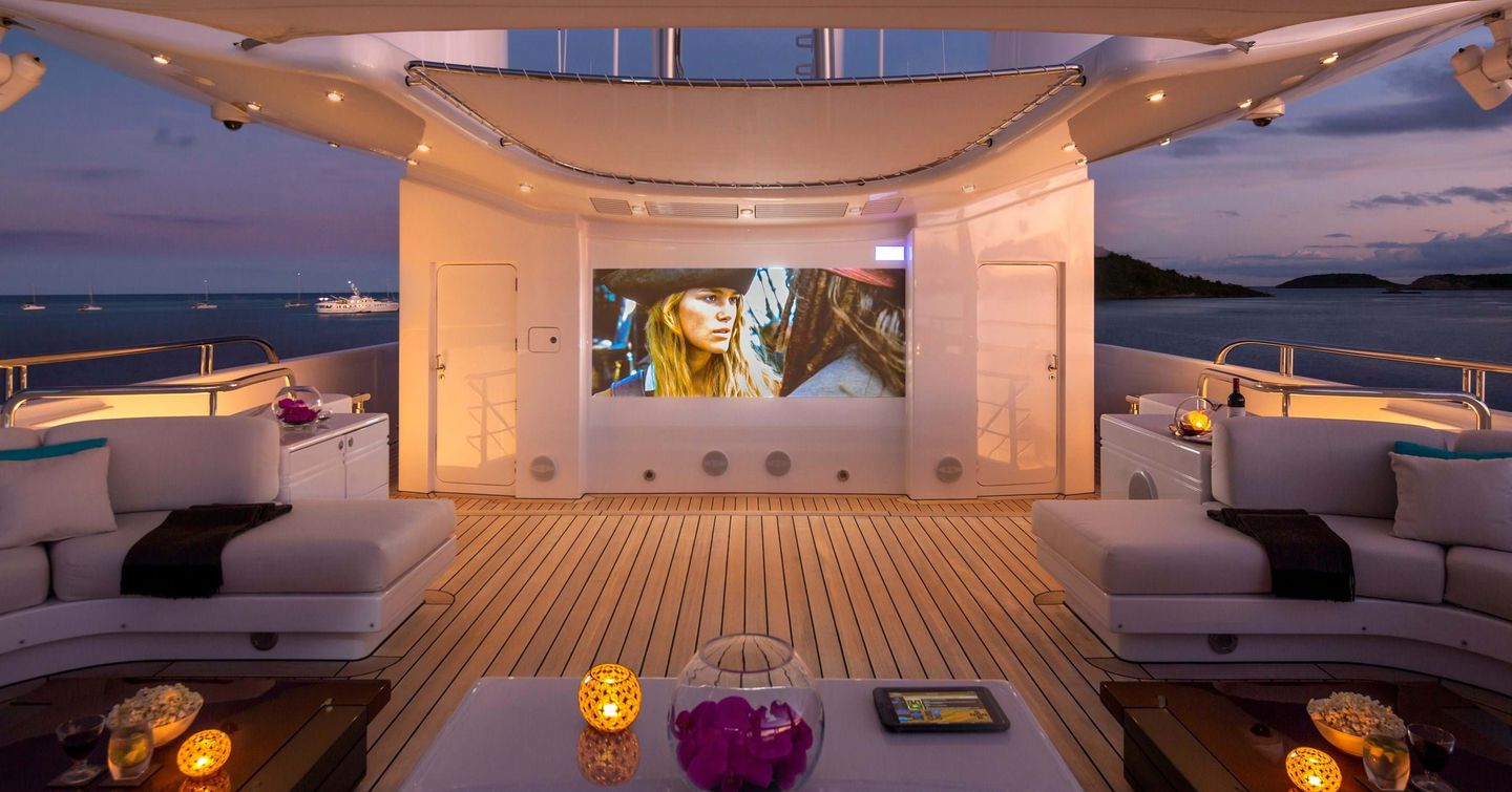 night time outdoor cinema on deck