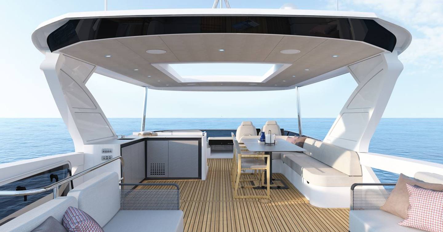 Rendering of Navetta 58 motor yacht flybridge with shaded alfresco dining and sunpads