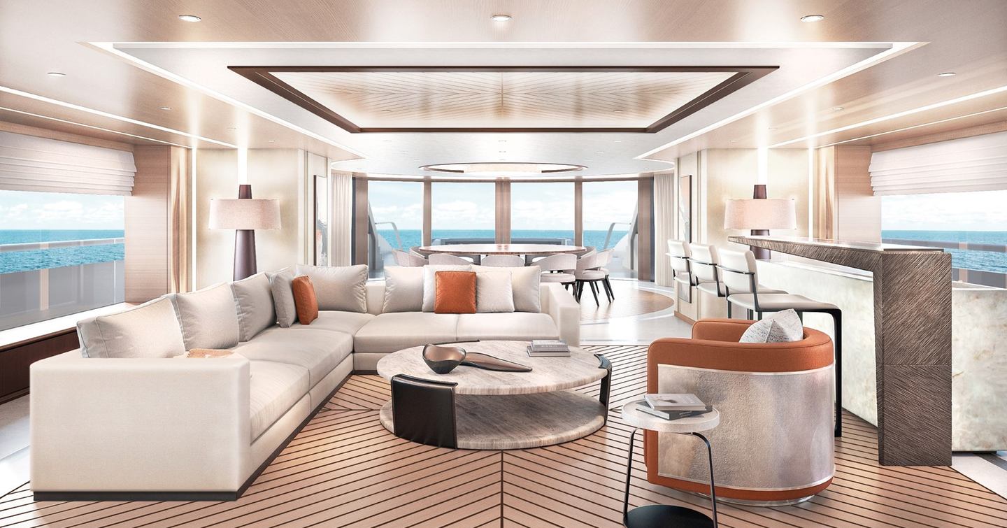 Rendering of superyacht Maddam C main saloon with L-shaped cream furniture 