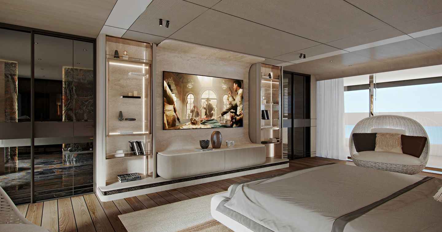 Rendering of Cantieri di Pisa Super Polaris 70 explorer yacht master cabin with mounted TV