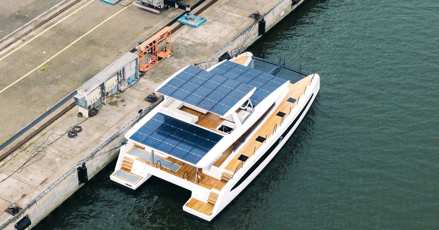Aerial view of Pioneer PY60 Solar-Electric Catamaran docked 