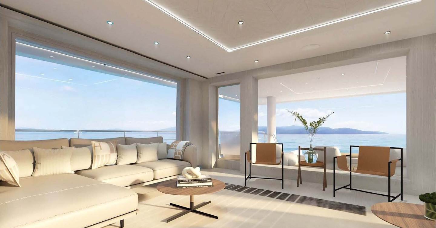 Rendering of Superyacht Project 717 main saloon with L-shaped white sofa and beige deck chairs