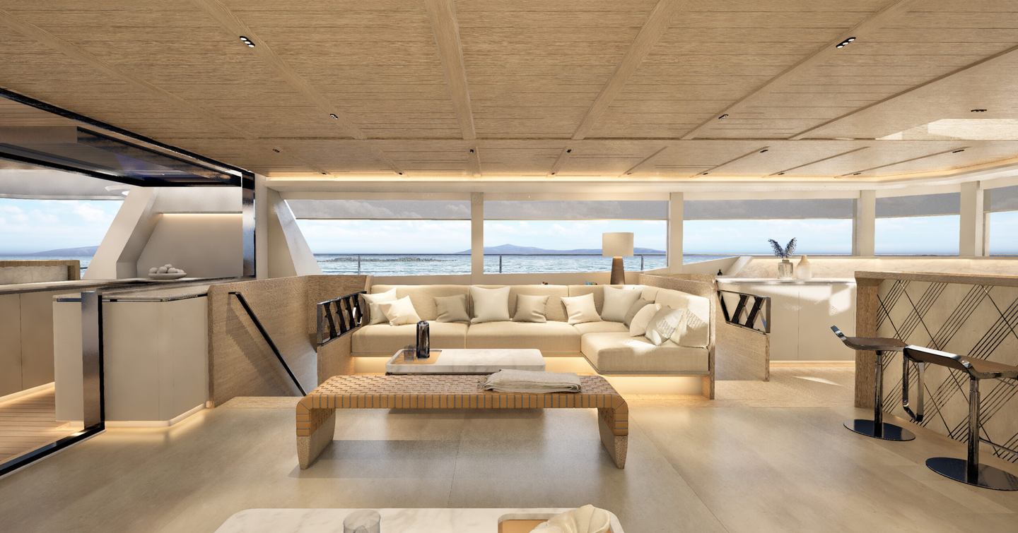 GranOcean W-72 Open Catamaran main saloon with L-shaped sofa