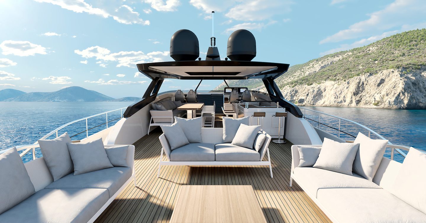 Aft, the Project 1000's flybridge has a large area for socialising.