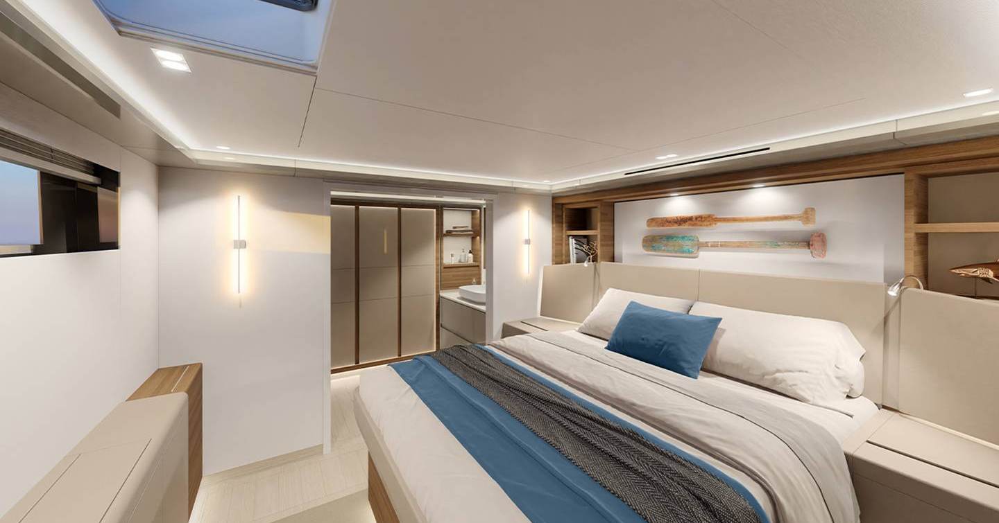 Rendering of Fountaine Pajot Power 80 catamaran guest cabin