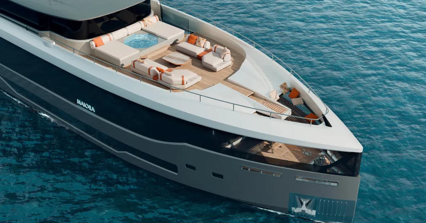 Rendering of the first Maiora 36 Exuma Motor Yacht foredeck with sunpads and jacuzzi