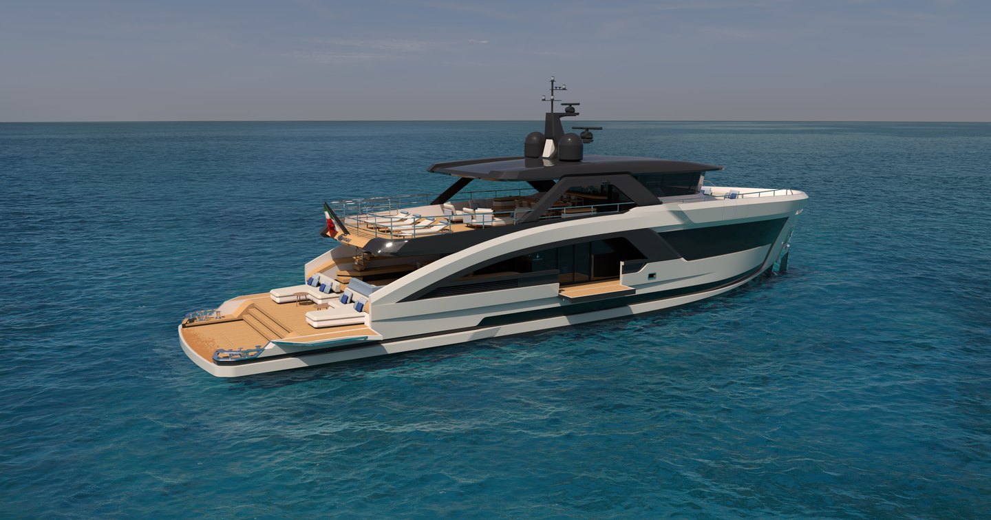 Rendering of Antonini Navi Seamore 34 motor yacht at anchor 