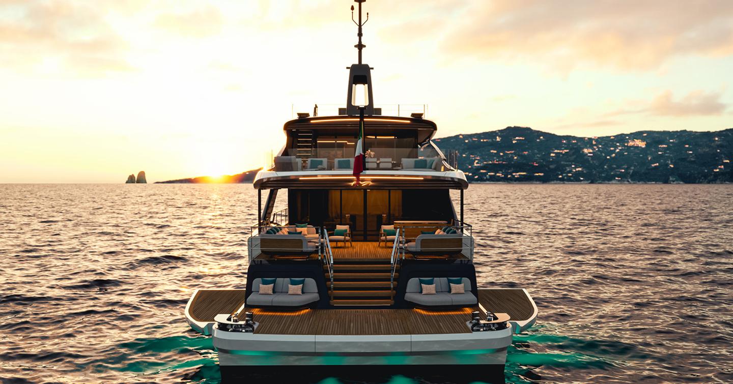 Rendering of Mangusta GranSport 38 motor yacht stern at dusk with teal under water lights 