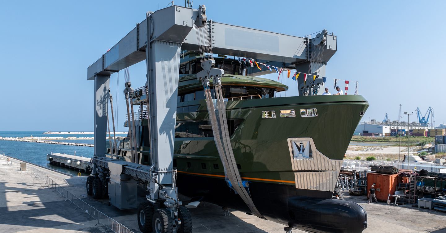 Superyacht Nasiba on trolley before launch