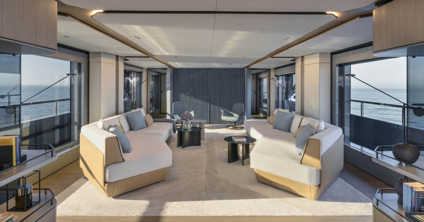 Azimut Grande Trideck motor yacht main saloon with white sofas