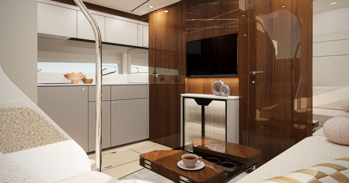 Fairline Targa 47 galley with wood finishes 