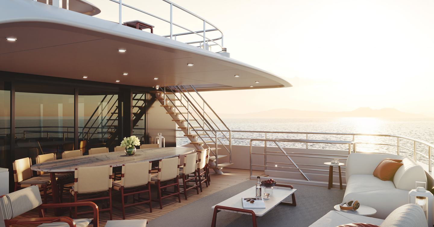 Rendering of Superyacht Project Frida bridge deck aft with shaded alfresco dining