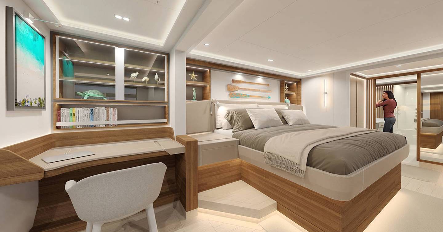 Rendering of Fountaine Pajot Power 80 catamaran master cabin