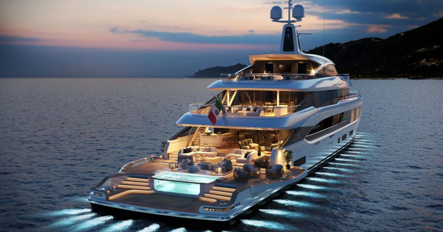 Rendering of Benetti Motopanfilo 45M motor yacht at anchor at dark with underwater lights 