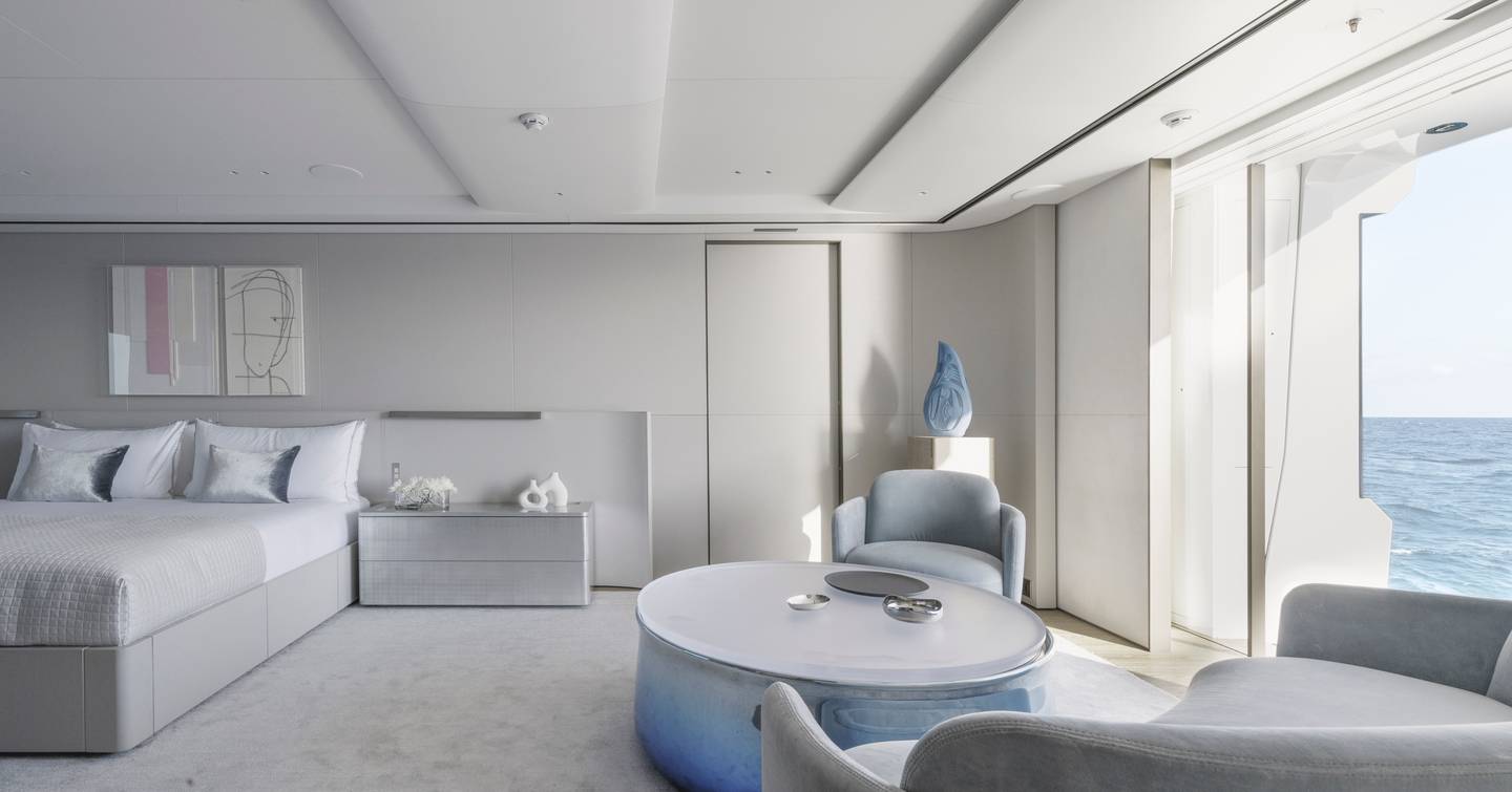 Rendering of Superyacht Entourage master cabin with grey window seating