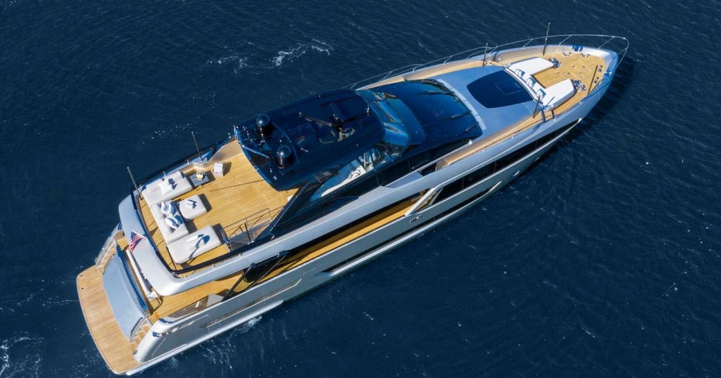 Aerial view of Motor yacht Beyond Beyond at anchor 