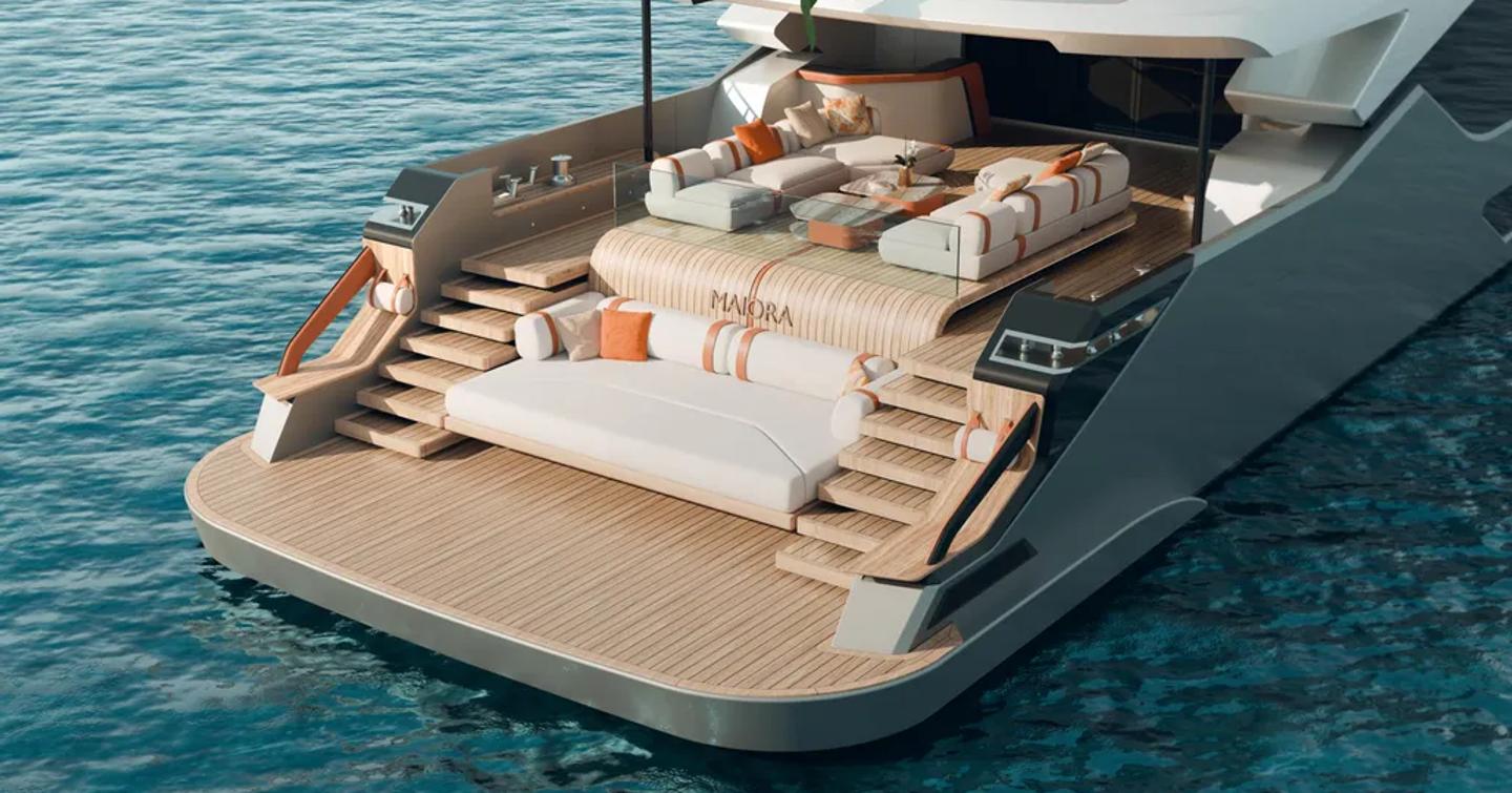 Rendering of the first Maiora 36 Exuma Motor Yacht beach club with sunpads