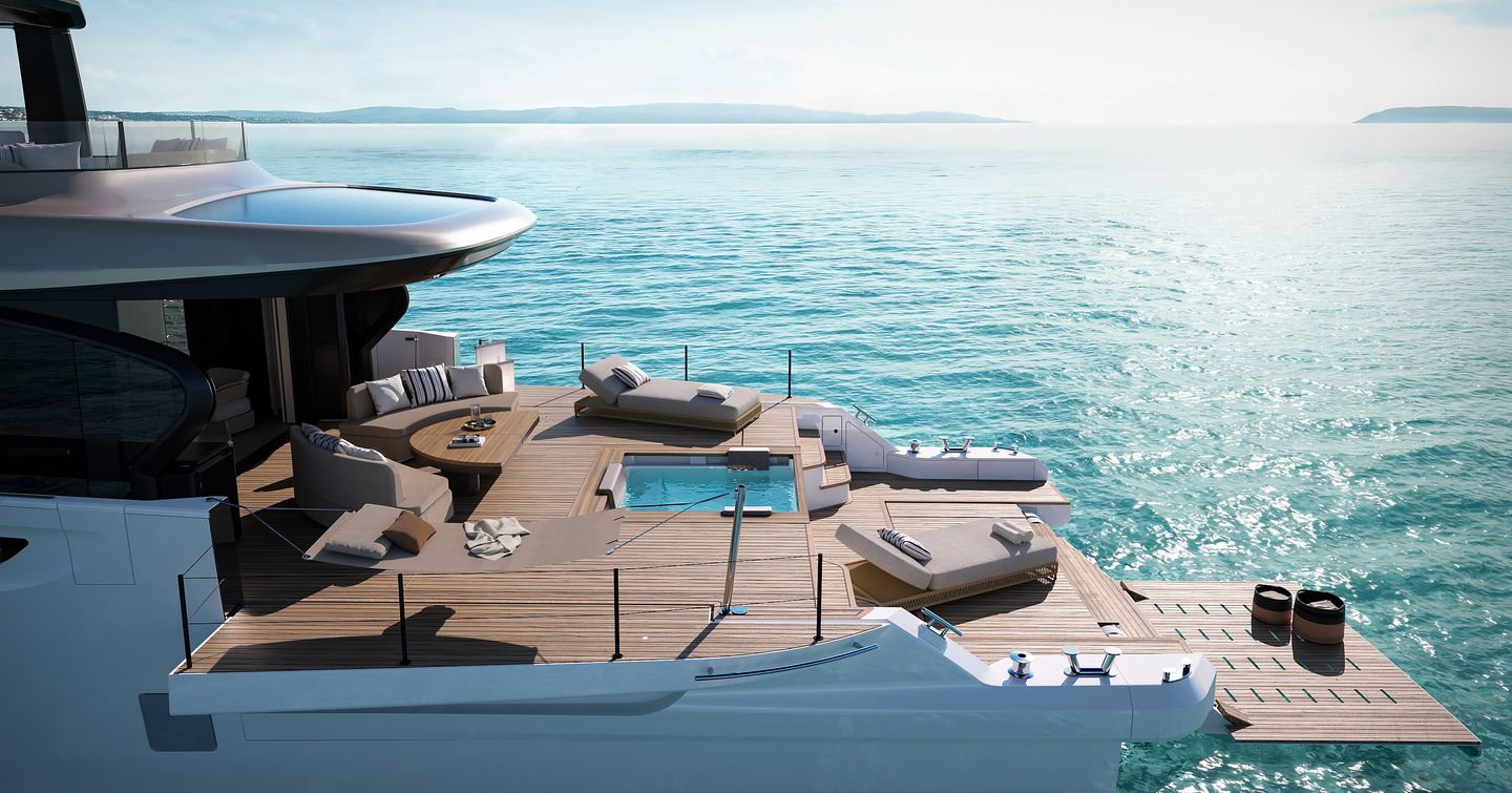 Rendering of Azimut Seadeck 9 fun island with infinity pool and sun loungers 