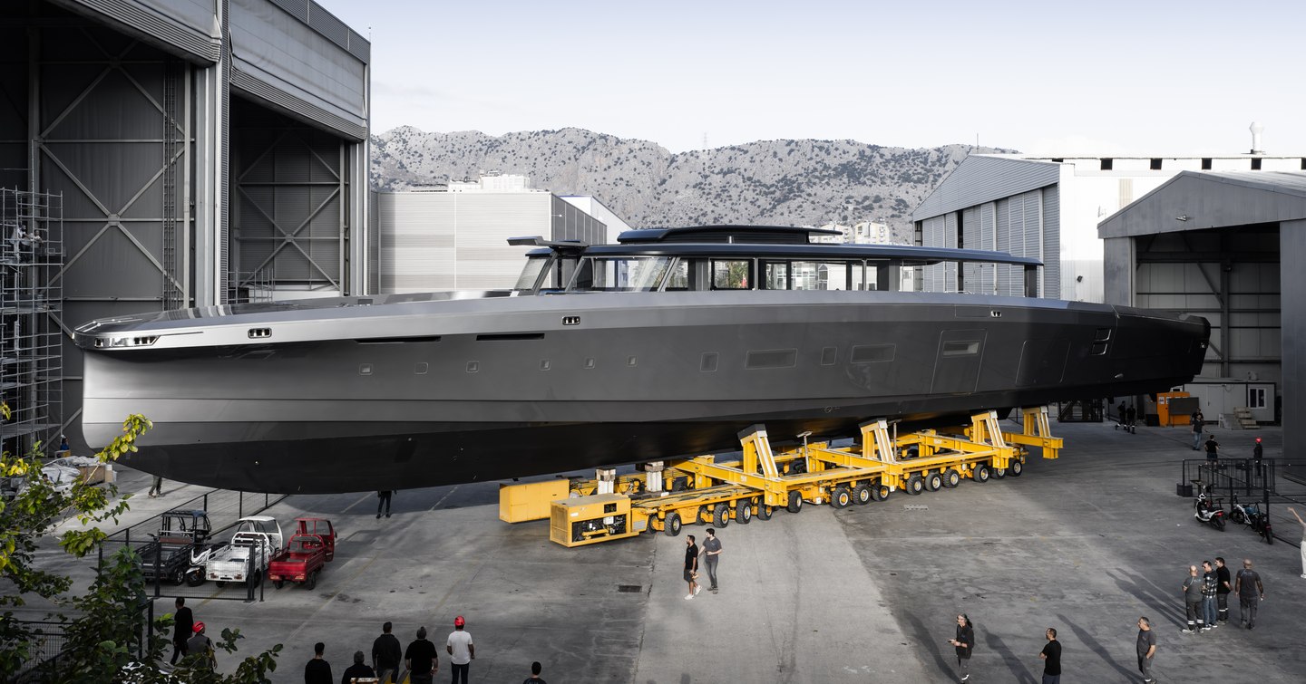 Superyacht Atlantide on trolley on way to launch