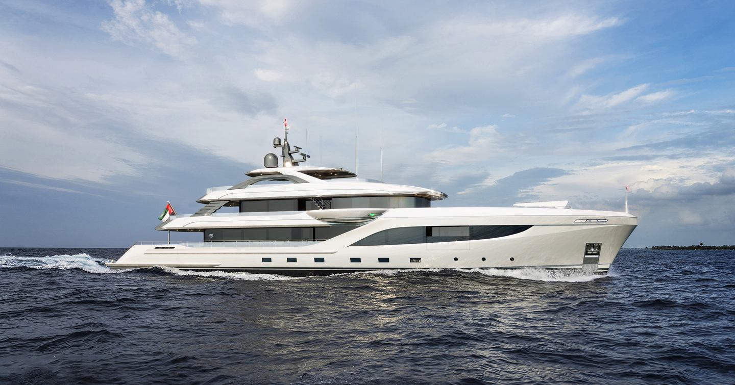 Rendering of Gulf Craft Majesty 160 superyacht under way 