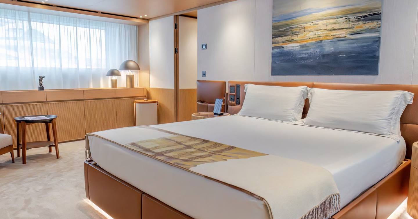 Motor yacht K2 master suite with large window 