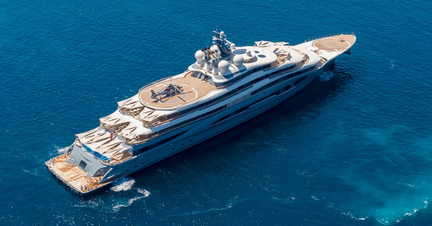 Aerial view of Superyacht Flying Fox at anchor