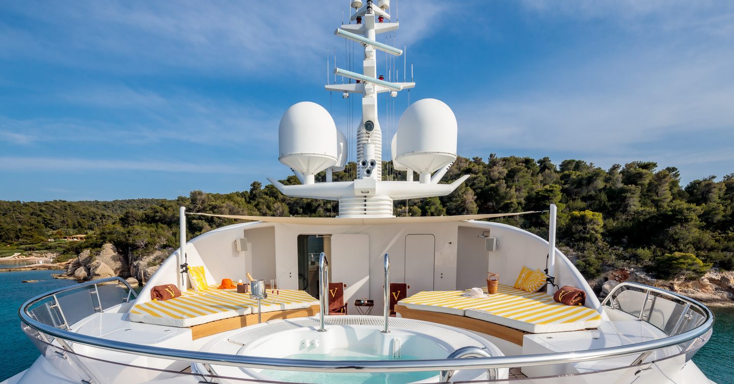 Superyacht Vera's upper deck Jacuzzi and sunbathing area