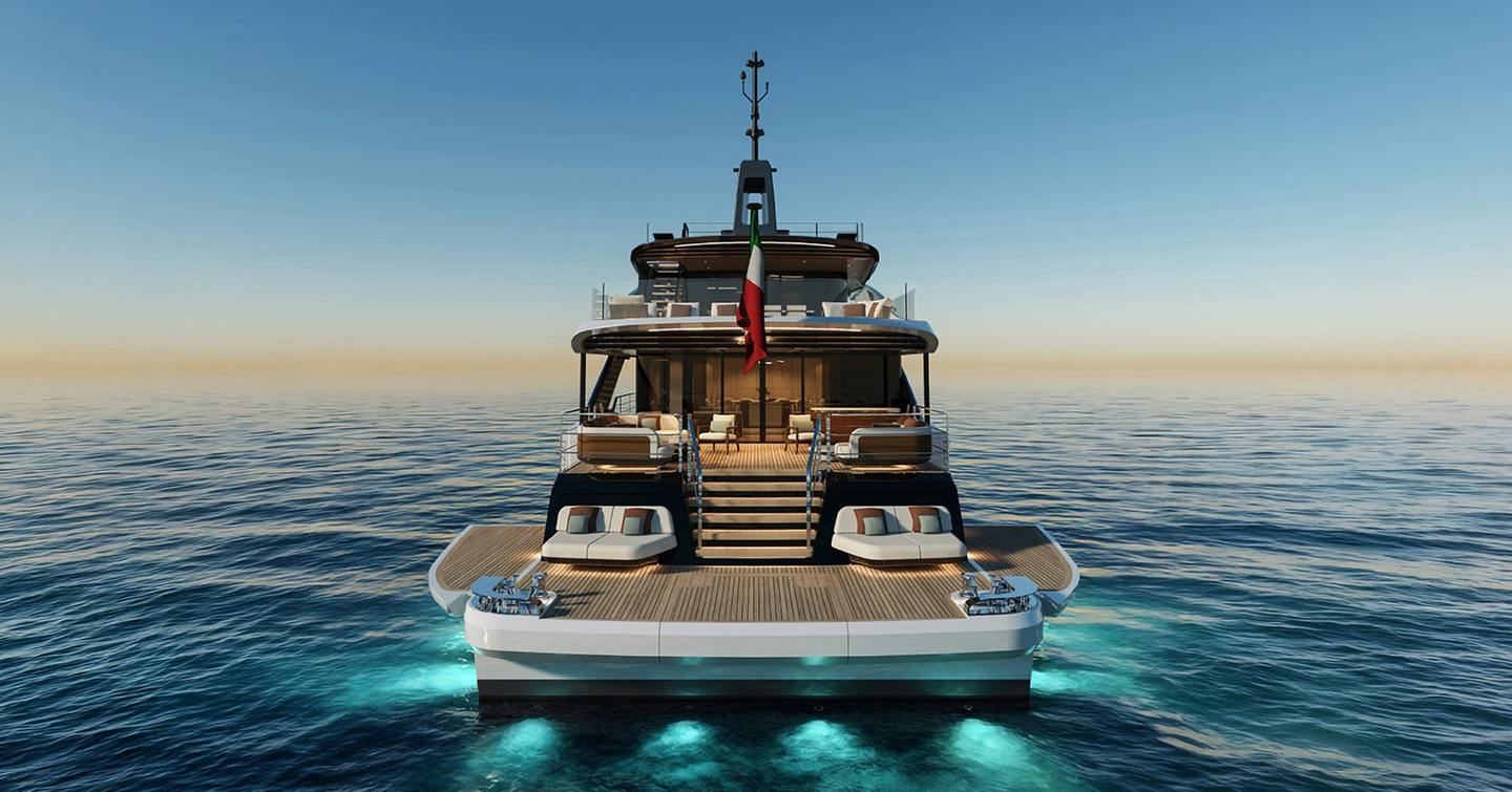 Rendering of Mangusta GranSport 38 motor yacht stern with dual sunpads and underwater LEDS