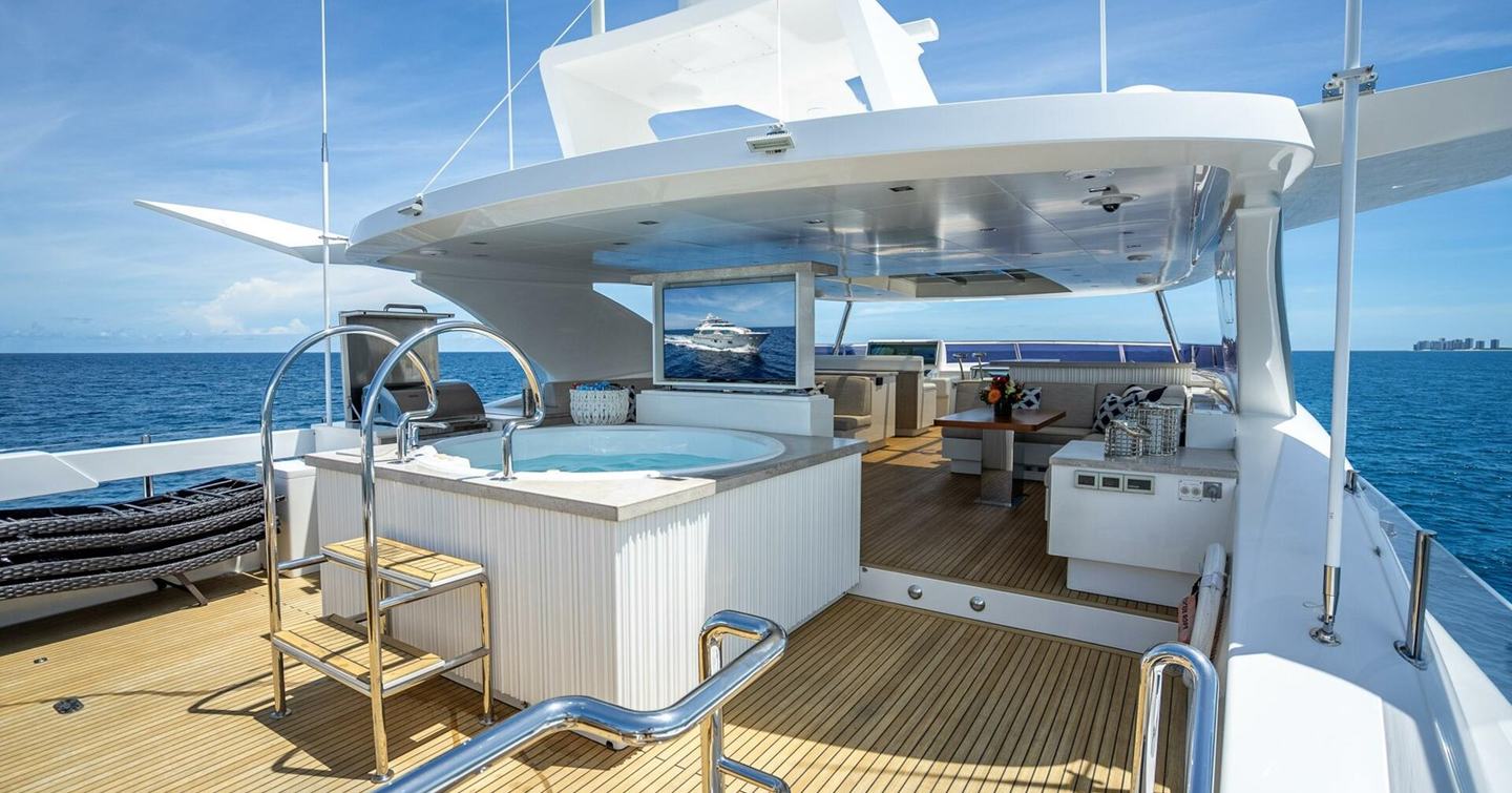 Superyacht Short Story sundeck with jacuzzi and pop up TV