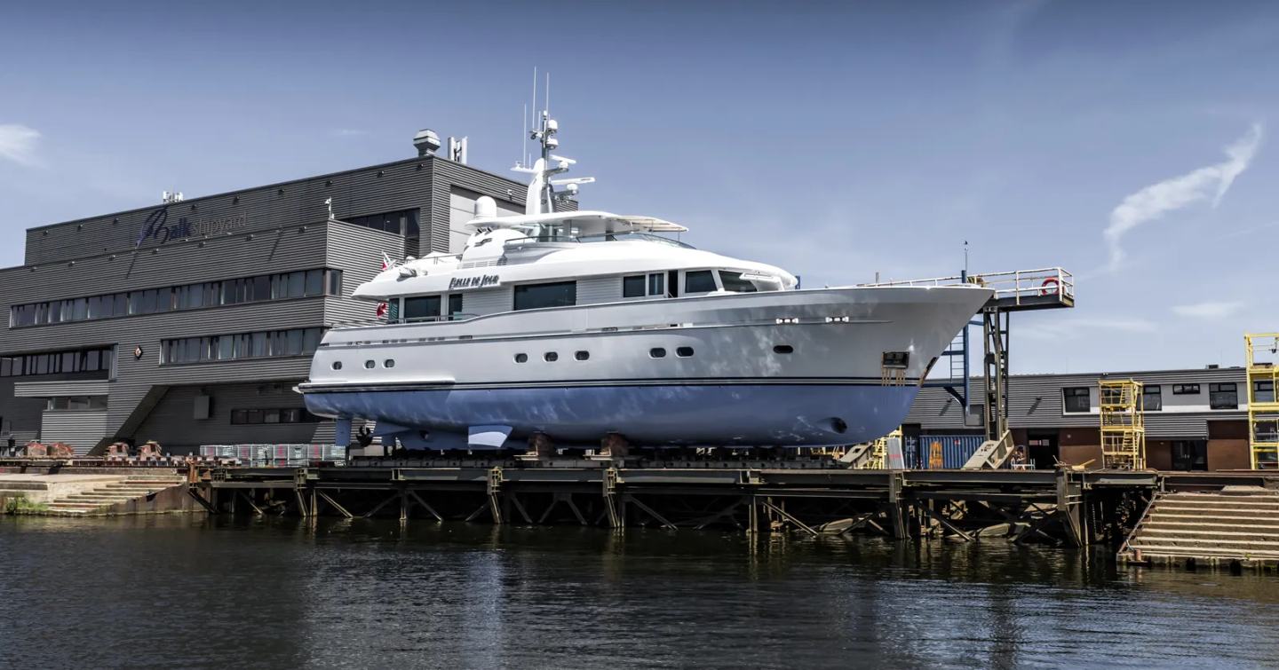 Superyacht Belle de Jour at Balk Shipyard porst re-fit on way to launch