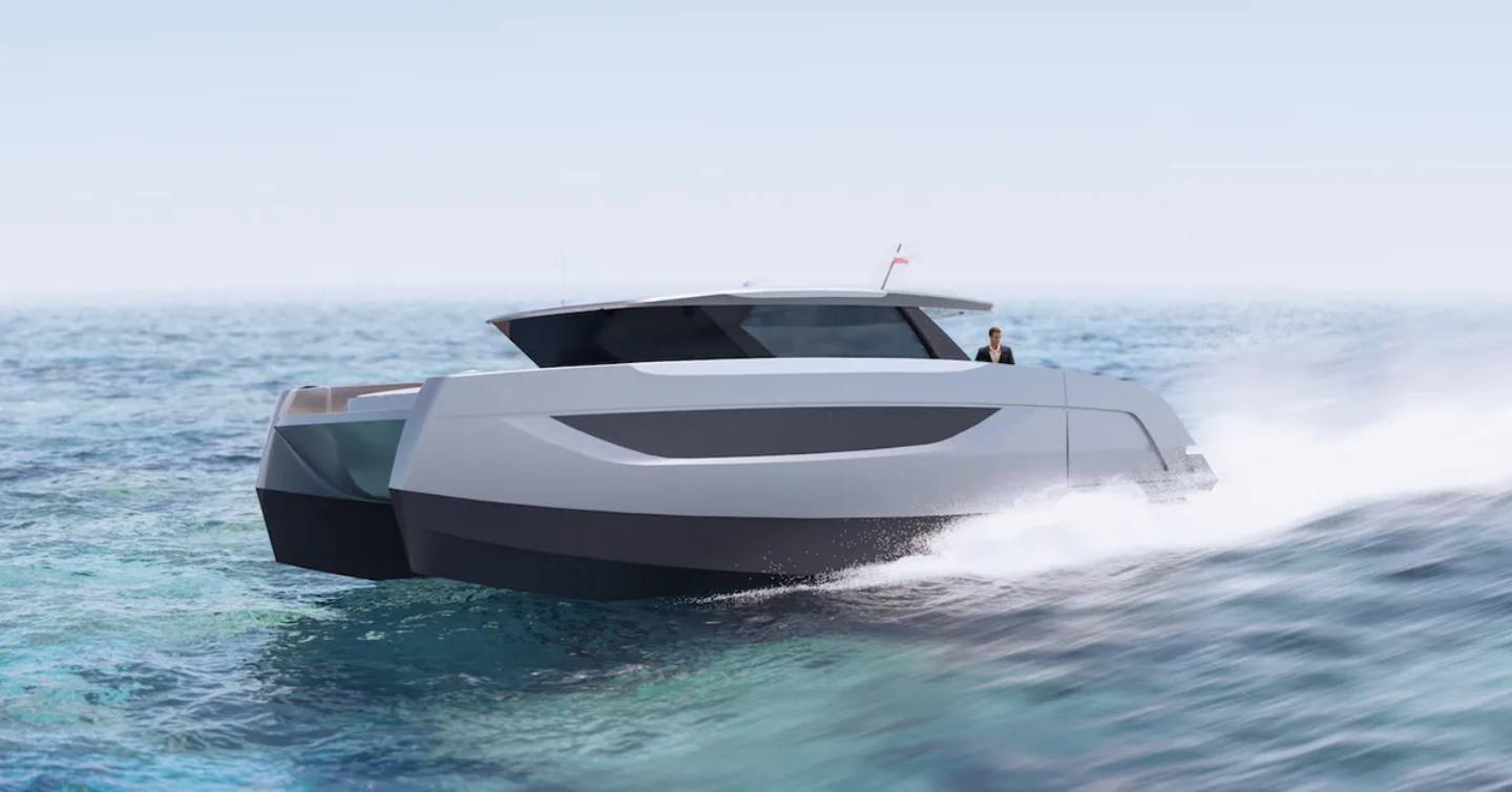 Side view of Sunreef Ultima catamaran underway, rendering shows model planing through the sea.