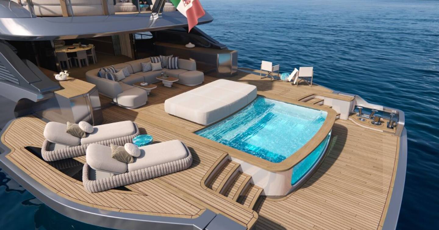 Motor yacht Benetti Oasis 42M aft deck with swimming pool and seating 