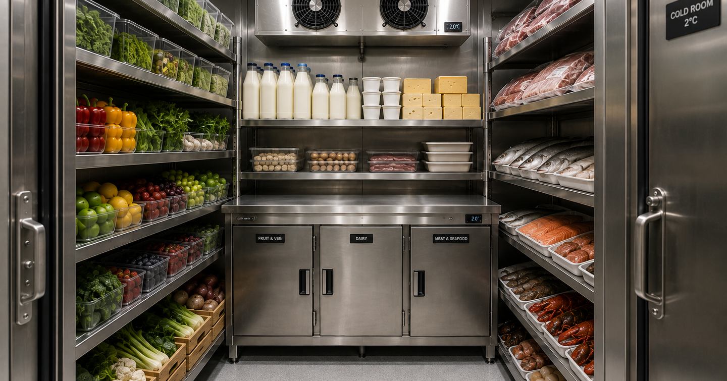 Yacht cold food storage room with meat, dairy and fruit