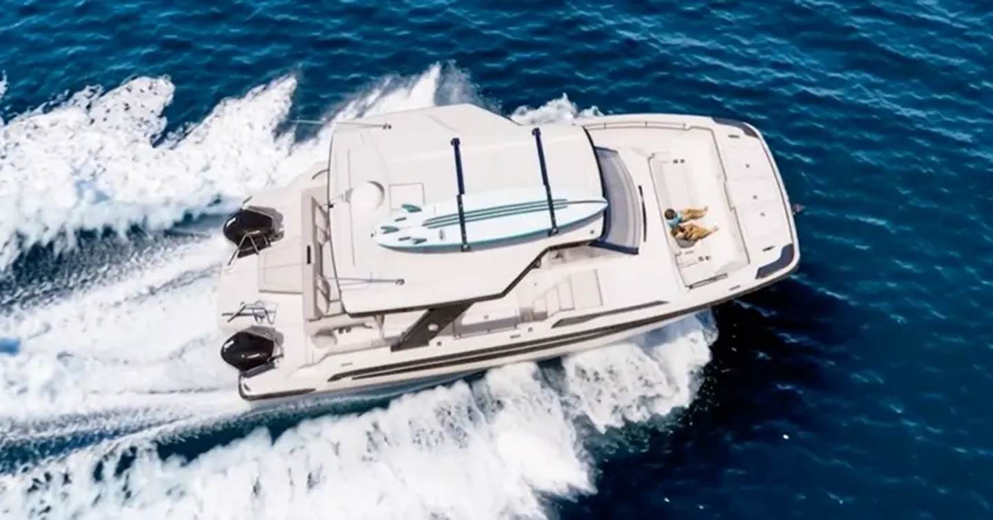 Aerila view of Rendering of Aquila 35 Sport Power Catamaran under way 