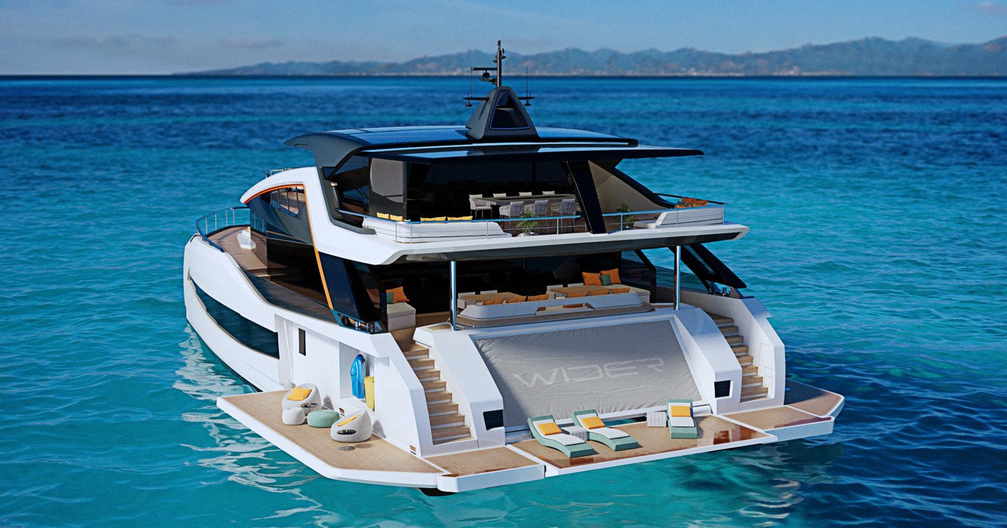 Aft view of beach club onboard WiderCat92 catamaran, surrounded by sea.