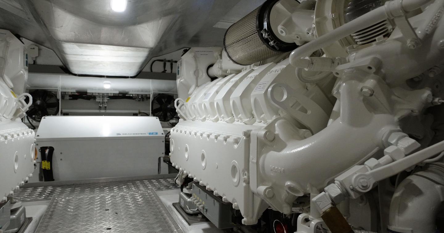 Pearl 73 engine room with twin MAN V12 diesel engines